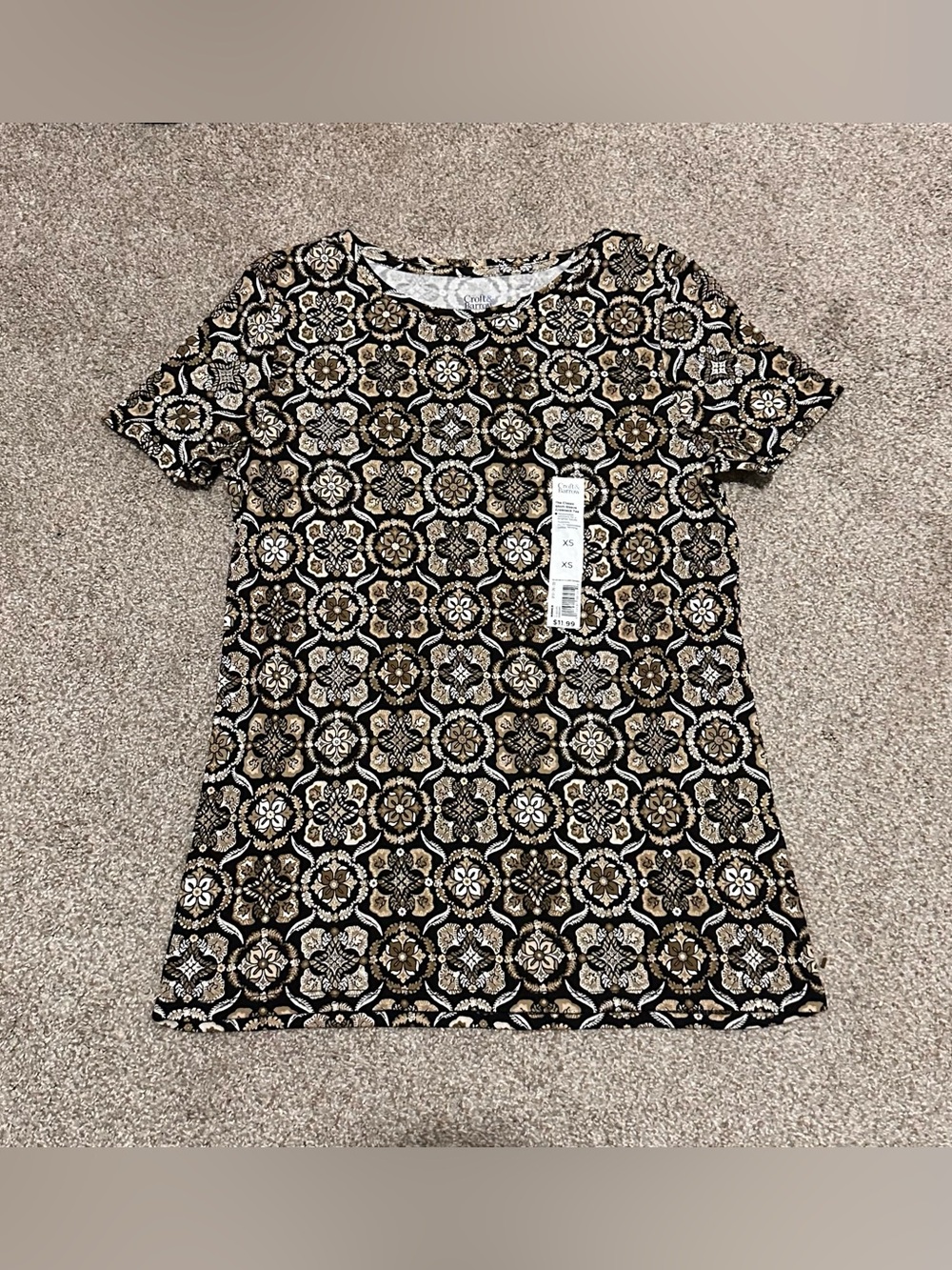 croft & barrow Black and Tan Short Sleeve Patterned Top